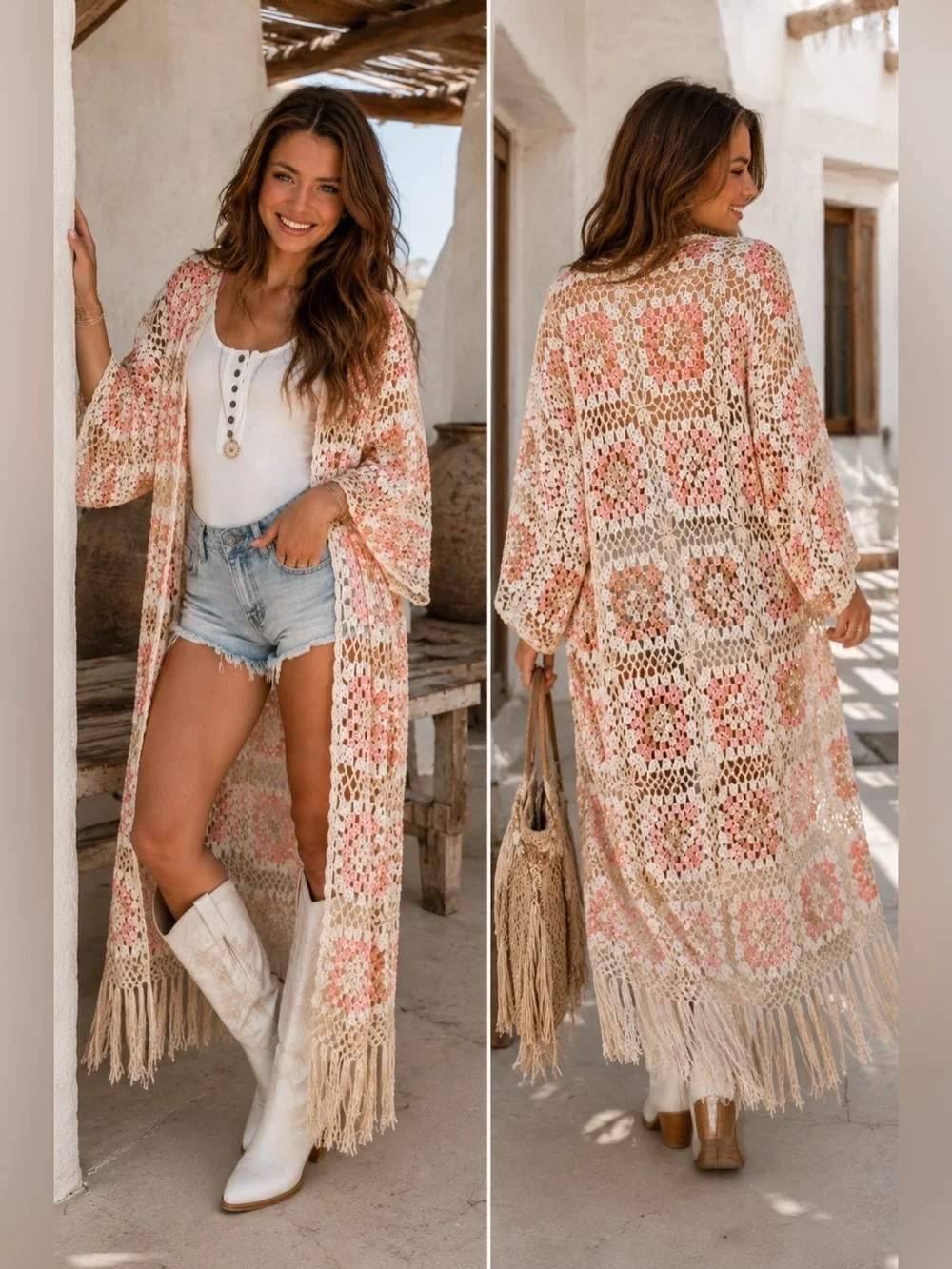 POL Kauai Crochet Long Tie Cardigan in Blush Beige FST317A